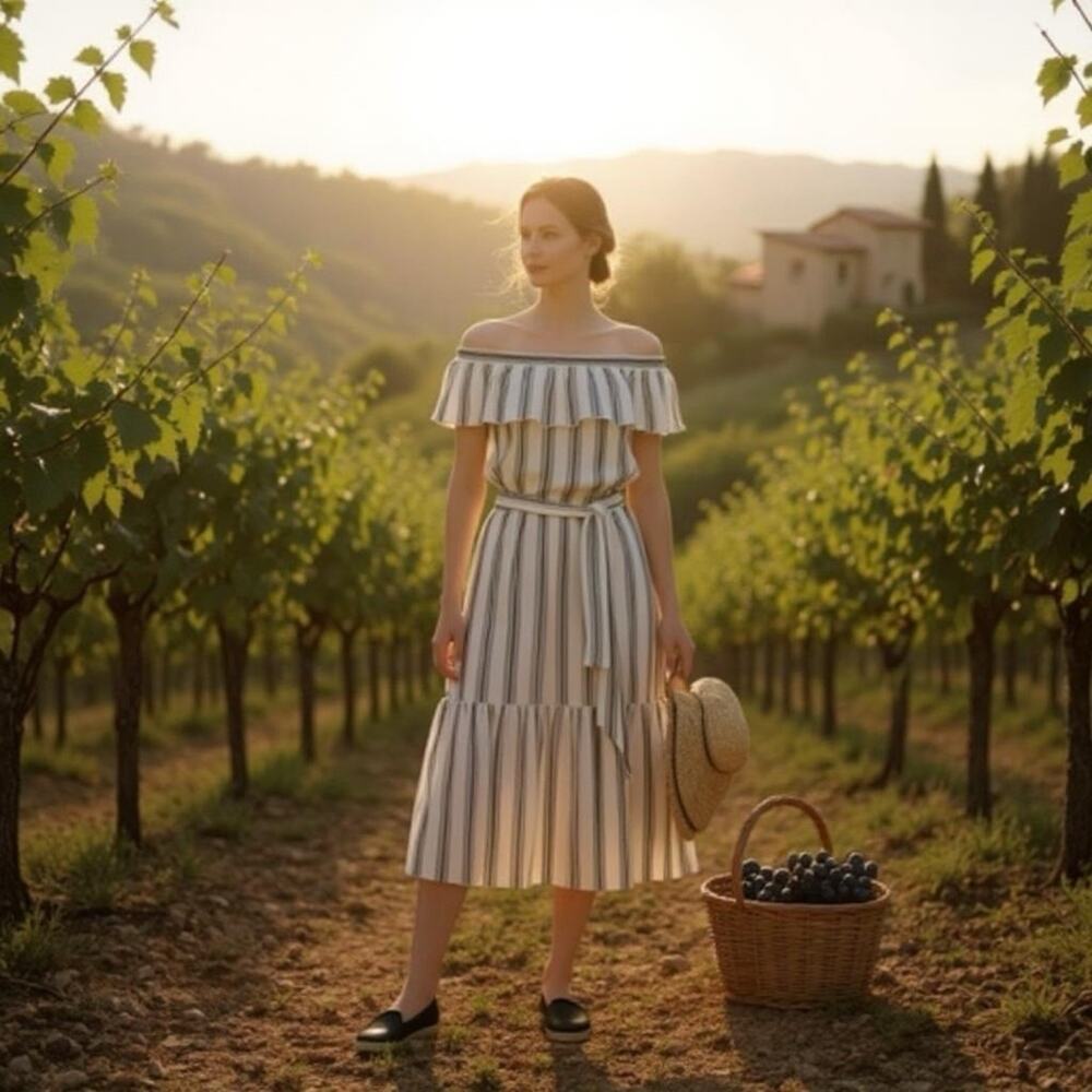 Lauren Ralph L. Midi Dress Ruffle Off Shoulder Sz 22W Cotton Striped Preppy Chic